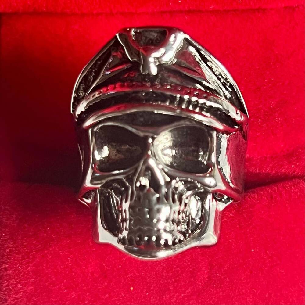 Vintage Skull Wearing Officer Cap Ring Gothic Punk Adjustable Ring Size 9-14